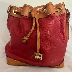 Dooney & Bourke Red Leather Drawstring Bucket Shoulder Bag with Tan Trim